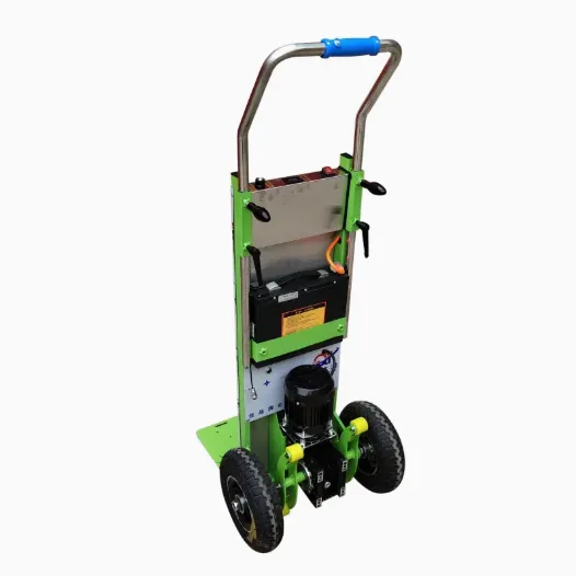 Electric stair climber moving heavy equipment up stairs in industrial building